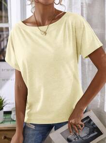 EMERY ROSE Women's Asymmetric Neck Casual Short Sleeve T-Shirt, Cream Yellow, Summer - Apricot - View 5