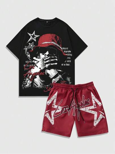 Street Life 2pcs/Set Men Letter & Figure Print Round Neck Short Sleeve Casual T-Shirt And Drawstring Waist Shorts Set