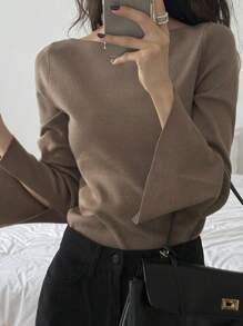 DAZY 女款條紋船領喇叭袖修身毛衣，駱駝色，春秋季女裝校園風 - 駝色 - 查看 5