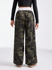 SHEIN Tween Girls Spring/Summer Camo Knit Wide Leg Casual Pants - Army Green - View 2