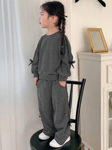 DAZY 2pcs/Set Young Girl Round Neck Knit Sweatshirt Outfit, Fall/Autumn - Black and White - View 4