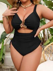 Swim Lushoire 夏季大码女式纯色露背性感比基尼泳衣 - 黑色 - 查看 5