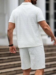 Manfinity Homme Simple Solid Color Texture Shirt And Shorts Set, Casual And Fashionable For Daily Wear - Apricot - View 2