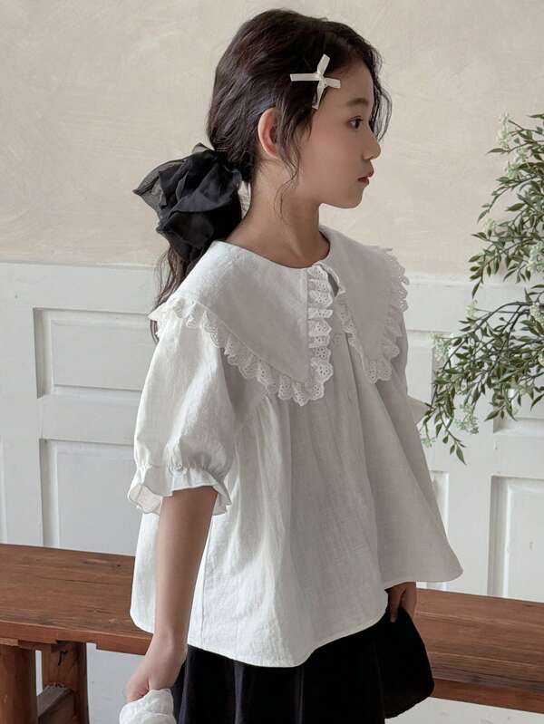 Dazy Kids Tween Girl' Plain Lace Trim Short Sleeve Casual Blouse,Girls Summer Outfits,Back To School Clothes