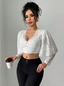 Calvaya Valentine's Day Elegant Solid Color Lace 2 In 1 Short T-Shirt