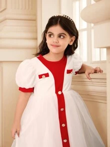 Young Girl Solid Color Patchwork Front Button Simple Casual Short Sleeve Dress - White - View 6