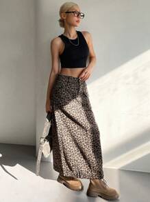 DAZY Women's Leopard Print Cargo Long Denim Skirt Jeans Skirt