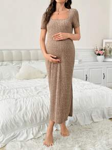 Moonlight&Mama Solid Color Knit Bodycon Split Hem Maternity Housedress - Brown - View 3