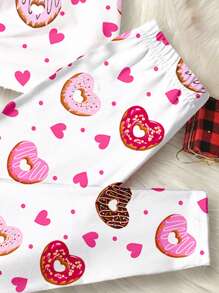 SHEIN Leap Crew Tween Girls Casual Cartoon Donut & Heart Print Short Sleeve T-Shirt & Pants 2 Pieces Loungewear Set - Multicolor - View 6