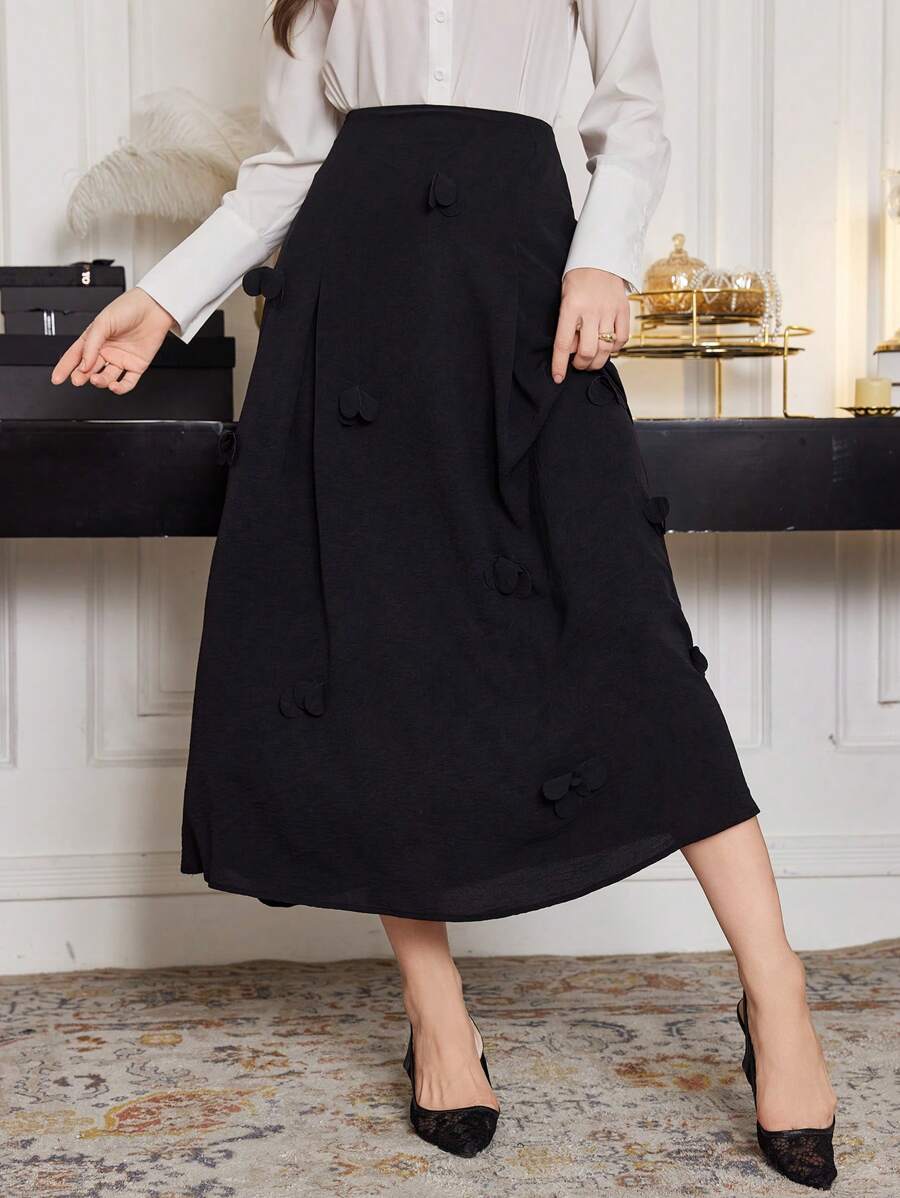 Modelyn Women's Elegant 3D Floral A-Line Skirt, Spring/Summer - Black - View 1