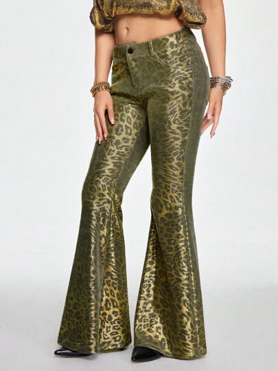 J-Fashion Pantalon évasé pour femmes style Harajuku Gyaru années 2000 avec imprimé léopard en feuille d'or taille basse