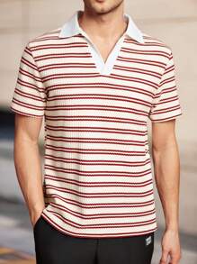 Manfinity VCAY 男士修身条纹针织翻领短袖休闲 Polo 衫，适合夏季 - 彩色 - 查看 1