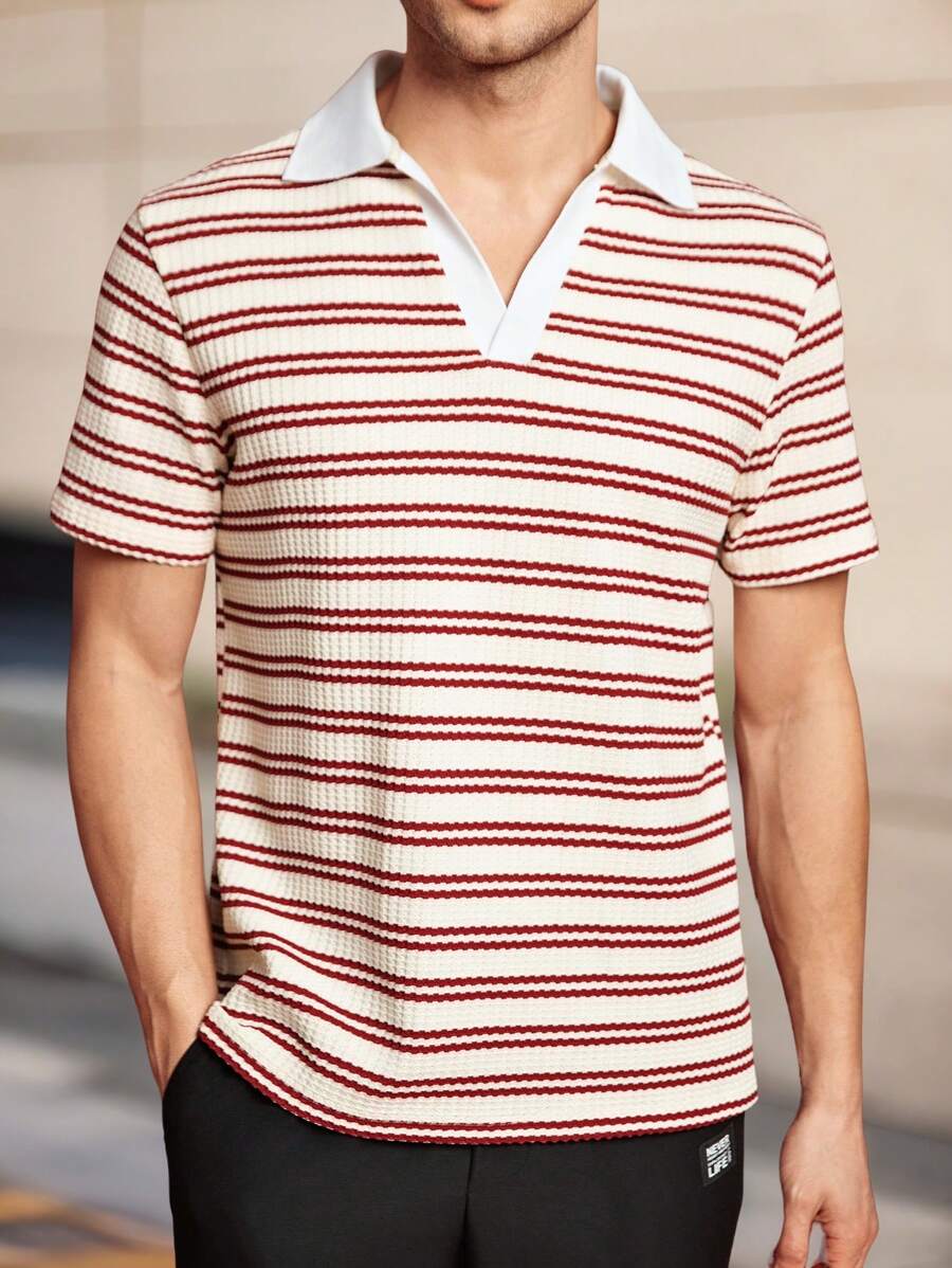 Manfinity VCAY 男士修身条纹针织翻领短袖休闲 Polo 衫，适合夏季 - 彩色 - 查看 1