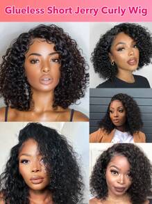 Glueless Wig Ready And Go Kinky Curly Short Curly Human Hair Wigs For Women Full Machine Made Wig Jerry Curly Wave Wigs Cheap Curly Bob Wigs Natural Black