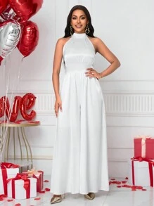 SHEIN Unity Mono elegante sin mangas de pierna ancha y cuello halter de unicolor para el Día de San Valentín para mujeres - Blanco - Ver 6