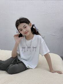 Dazy Kids Tween Girls Bow Print Round Neck Short Sleeve T-Shirt And Pants Sleepwear Set - White - View 3