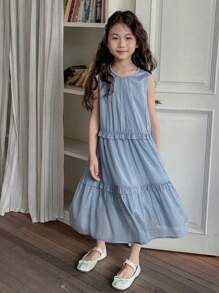 DAZY Đầm dệt không tay thời trang cho bé gái tuổi teen, thích hợp mặc mùa hè, đi học hoặc đi nghỉ mát. - Màu xanh lam - Xem 3