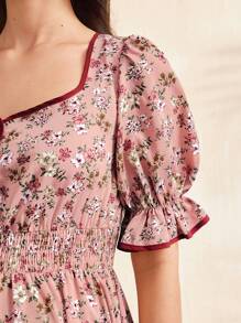 SHEIN Floral Print Puff Sleeve Maternity Dress - Pink - View 6