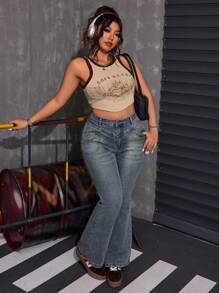 SHEIN ICON Plus Size Casual Retro American Style Flare Jeans, Simple & Fashionable For Everyday Wear