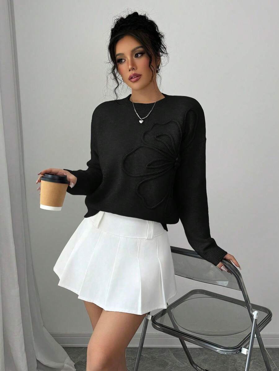 Elenzga Women's Crew Neck Floral Pattern Solid Color Pullover Sweater - Black - View 1