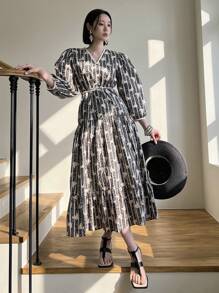 DAZY Damen V-Ausschnitt All-Over Blumenprint lässige Taille 3/4 Ärmel Wadenlänge Urlaubsstrand Kleid, Frühling/Sommer