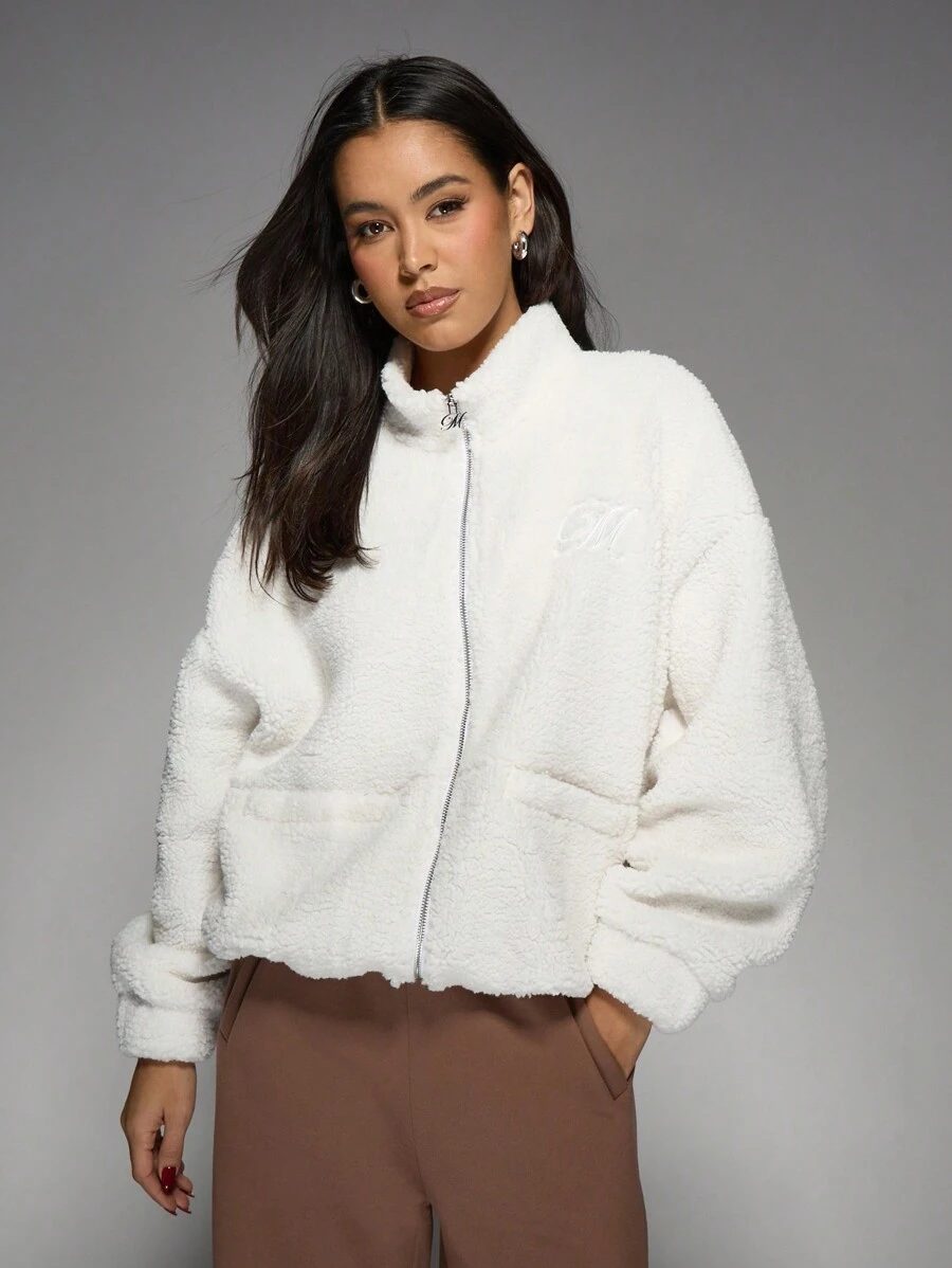 MISSGUIDED Veste bomber en sherpa douillet avec zip et poches sur les côtés. Vêtements de détente casual, extérieur en laine polaire teddy chaud parfait pour l'automne et l'hiver - Blanc - Voir 1