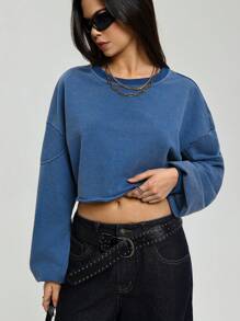 StreetHx Sudadera suelta de corte caja de cuello redondo de unicolor y lavada para mujer