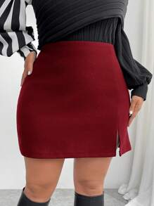 SHEIN Privé Falda roja con aberturas, hecha de tela de lana elegante y de talla grande, versátil para ir al trabajo, eventos sofisticados, el té de la tarde, citas, conciertos y fiestas - con estilo inspirado en el vintage y actual