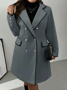 SHEIN Privé Plus Size Elegant Commuting School Windbreaker Collar Black & White Contrast Color Lined Woolen Mid-Length A-Line Jacket - Grey - View 7