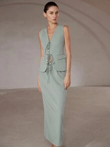 SHEIN Privé Set de 2 piezas con top sin mangas con textura de lino sintético con decoración de cuentas y falda recta larga al estilo del sur de Francia para mujer