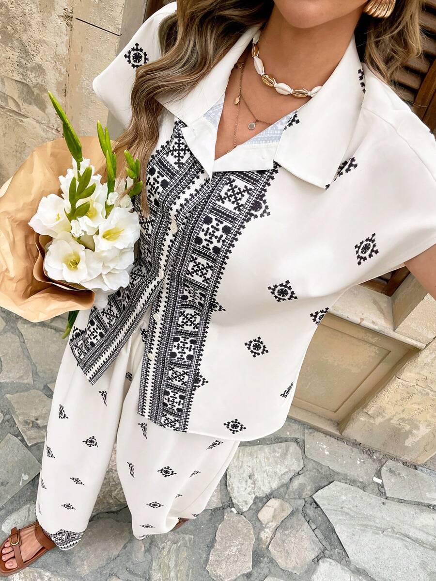 Chiquease 2pcs/Set Ladies Swing Loose Blouse With Lock Print And Elastic Waist Wide Leg Pants, Spring/Summer - Apricot - View 1