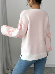 Chiquease Suéter de punto informal con gráfico de corazón rosa