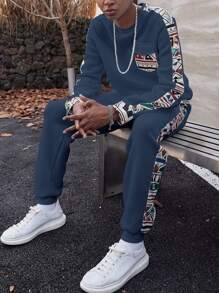 Manfinity Hypemode Men Solid Color Patchwork Round Neck Long Sleeve Pocket Minimalist Sweatshirt And Pants Set - Dusty Blue - View 1