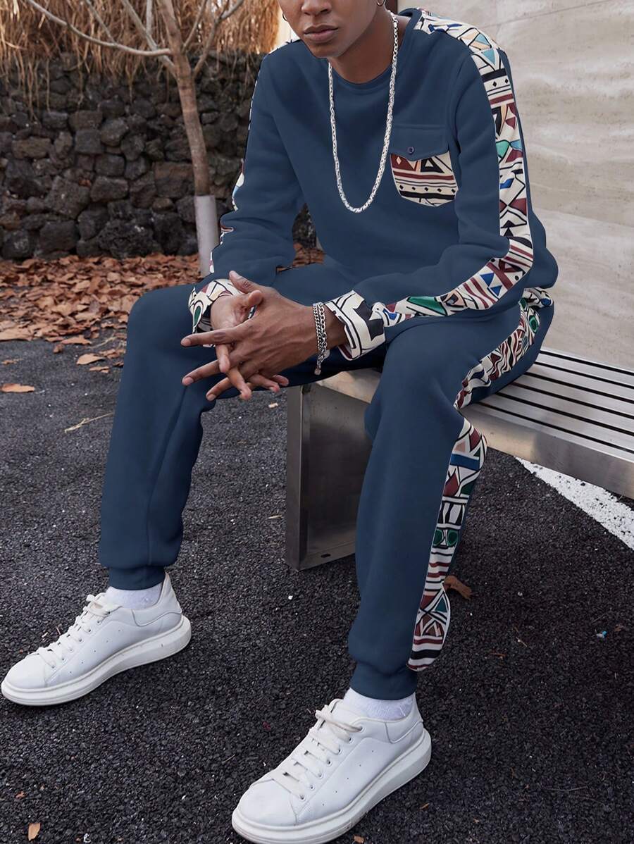 Manfinity Hypemode Men Solid Color Patchwork Round Neck Long Sleeve Pocket Minimalist Sweatshirt And Pants Set - Dusty Blue - View 1