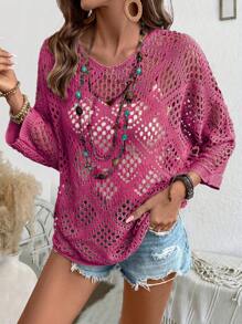 Breezaya 女士纯色圆领长袖镂空休闲毛衣