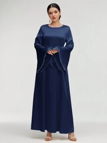Al Najma Women's Elegant Solid Color Flare Sleeve Long Dress, Spring/Summer, Modest Elegant A Line Arabian Dresses, For Evening Party/Wedding Guest/Anniversary/Daily Wear - Navy Blue - View 5