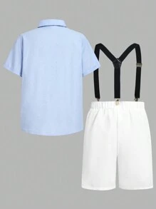 Ensemble chemise à col polo avec nœud papillon + short à bavette, style gentleman, tenue décontractée coordonnée pour l'école pour pré-adolescents - Blanc - Voir 6