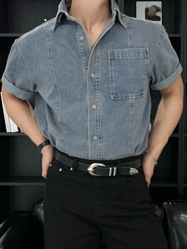 DAZY Chemise en denim bleu unicolore pour homme pour l'été