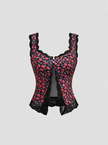 Sweetra Camiseta de encaje con diseño floral de rosa romántica para el Día de San Valentín - Negro - Ver 1