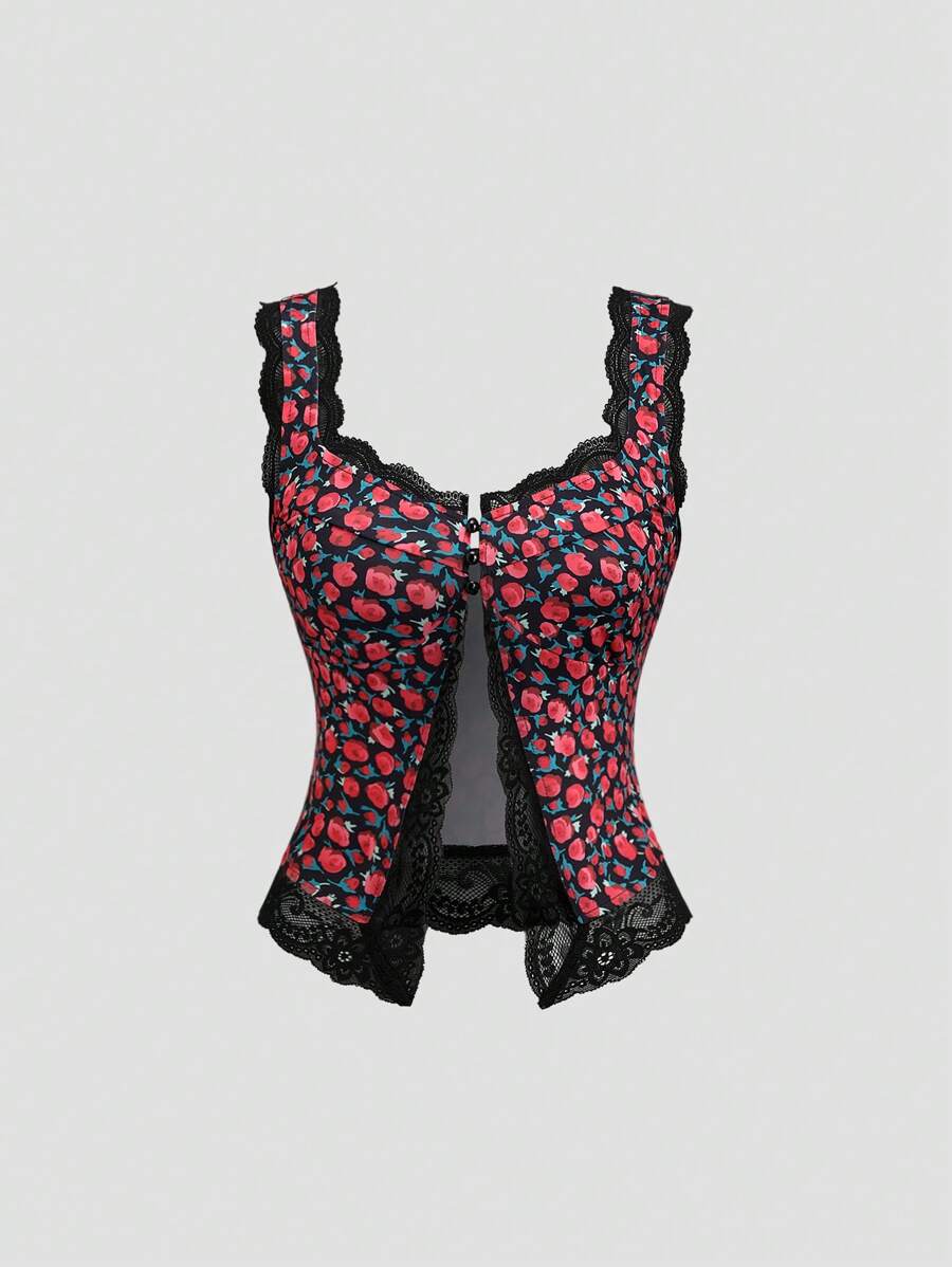 Sweetra Valentine's Day Romantic Rose Floral Lace Camisole - Black - View 1