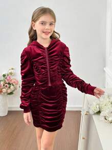 Conjunto de chaqueta con capucha de sudadera de terciopelo burdeos con diseño de plisado y falda mini asimétrica con plisado para niña preadolescente, elegante y versátil, para fiesta de Navidad, otoño/invierno - Burdeos - Ver 7