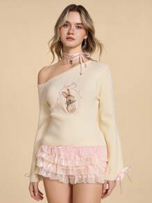 ROMWE Kawaii 性感露肩蝴蝶结和兔子刺绣套头衫 - 杏色 - 查看 6