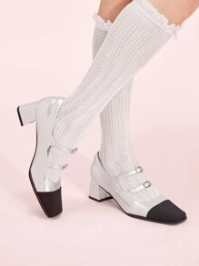 CUCCOO DOLLMOD 女士新款法式玛丽珍厚底高跟鞋，银色踝带休闲高跟鞋，适合工作和日常穿着，情人节