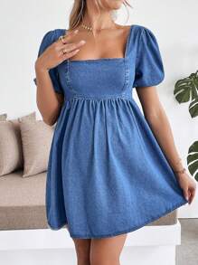 SHEIN Maternity Blue Denim Puff Sleeve Casual Mini Dress Sweet Bubble Sleeve Loose Fit Blue Dress,Bow Dress,Renaissance Dress,Backless/ Open Back ,Summer/Summer Outfits For Women,Suitable For Parties, Holidays, Dates, Valentine's Day, Afternoon Tea,Spring Outfits For Women / Spring,Summer Outfits For Women / Summer / Summer Clothes / Cute Summer Tops,Easter Dress / Easter / Easter Outfit Women,Concert Outfit Women / Rave Outfits / Rave Outfits Festival / Country Concert Outfit / Nashville Outfits / Ibiza Outfits,Western Wear Women / Western / Western Clothes For Women,Cowgirl Outfits For Women / Rodeo Outfits For Women / Cowgirl Outfit,Beach Outfits For Woman / Beach, Brunch Outfits For Women