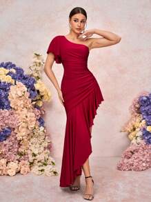 SHEIN Belle Elegant And Romantic Red Stretch Knit Fabric One-Shoulder Ruffled Sleeves Gathered Asymmetric Hem Suitable For Wedding Events, Dates, Vacations, Bridesmaid Dresses - Burgundy - View 10