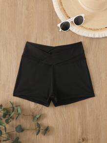 SHEIN Swim 女士夏季运动网眼拼布短裤 - 黑色 - 查看 4