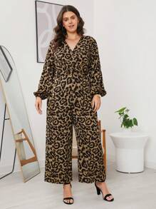 SHEIN LUNE 大码 V 领长袖豹纹简约休闲连体裤 - 棕色 - 查看 3