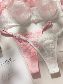 2pcs/Set Women's Lace Trim Minimal Casual Spaghetti Strap Camisole Lingerie Set
