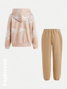 SHEIN 2 件装 Tween 男童口袋印花休闲连帽衫和裤子套装 - 橘色 - 查看 2