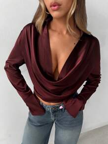 Aloruh Burgundy Off-The-Shoulder Long Sleeve Cropped Elegant Blouse Top For Women - Burgundy - View 7